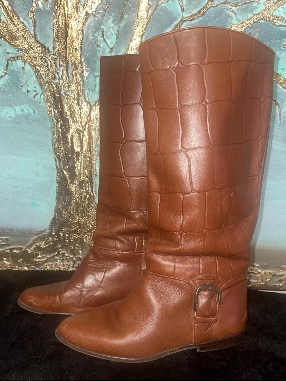 Vintage 1970’s Brown Leather Crocodile Embossed Brazil Riding Boots Boho 7M